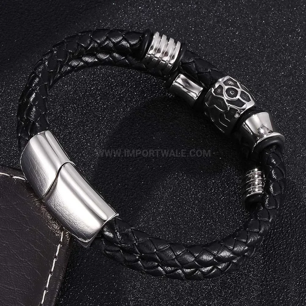 Chic Multi Layer Leather Stainless Steel Magnetic Clasp Punk Bracelet