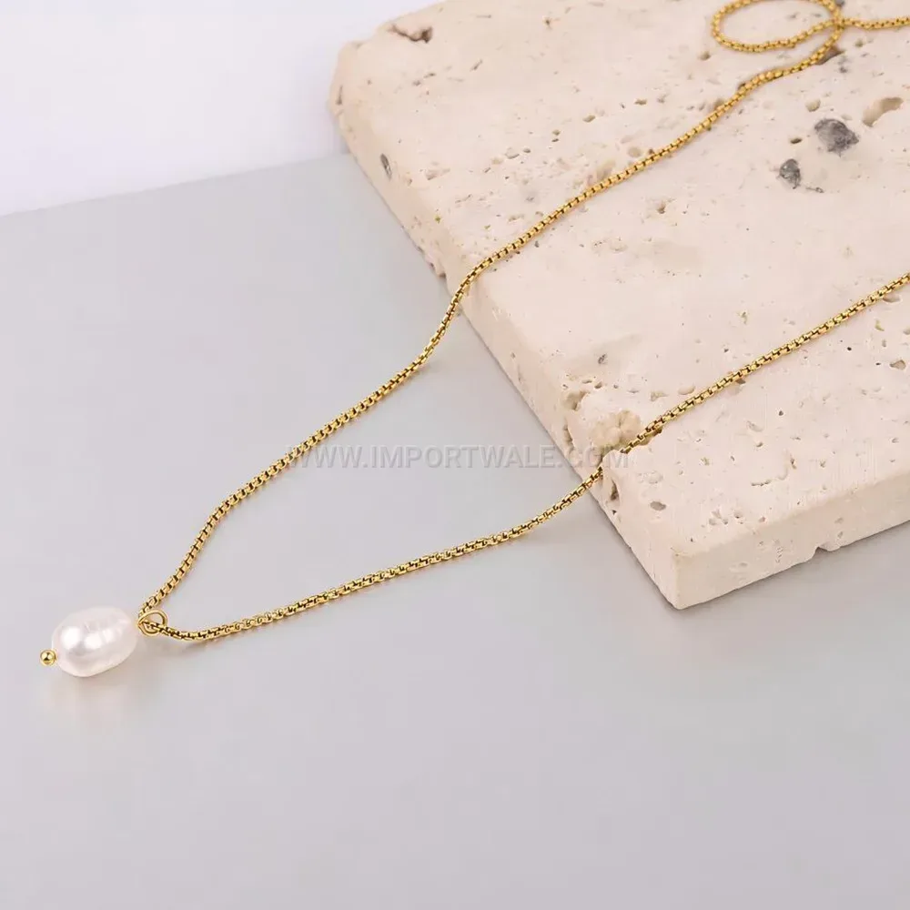 Baroque Pearl Layering Stainless Steel Gold Pendant Necklace