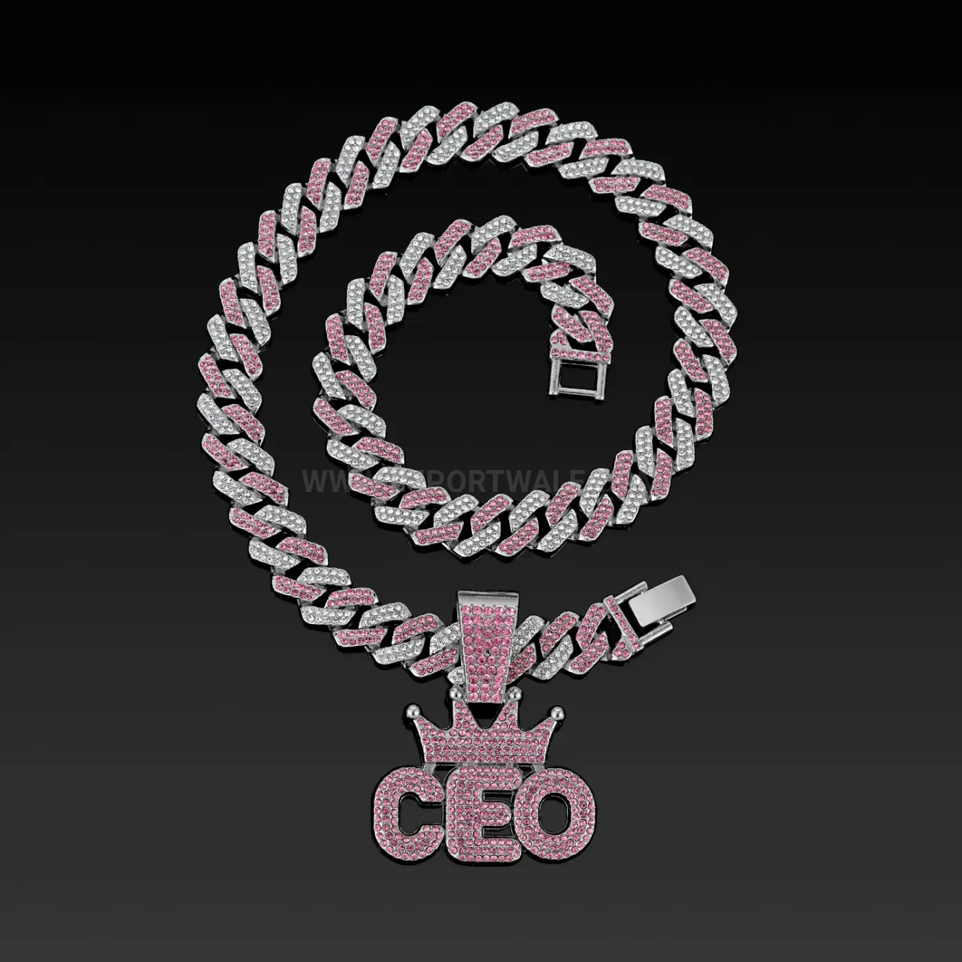 Stylish Rhinestone Crown CEO Letter Cuban Chain Pendant Necklace