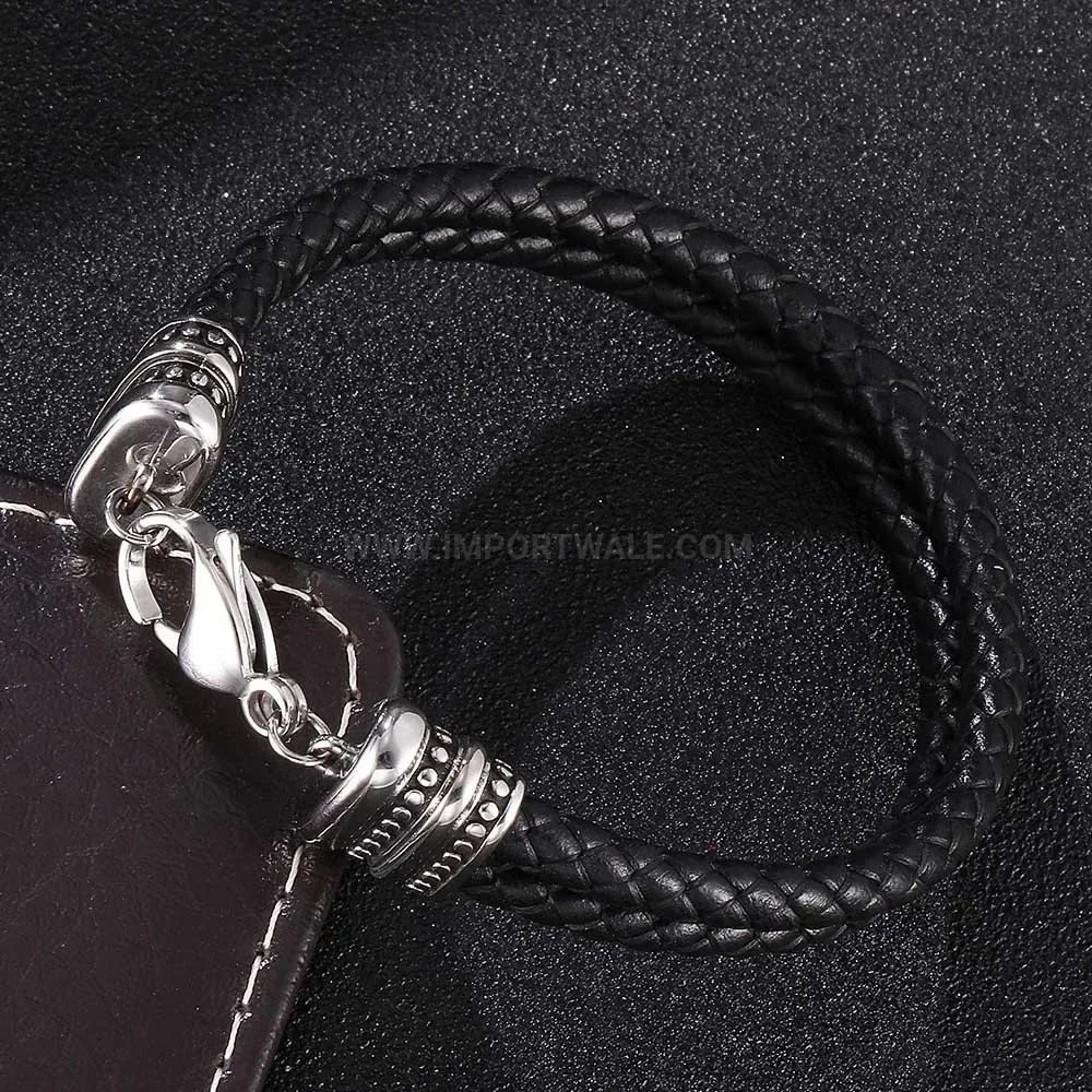 Hand-Braided Leather and Stainless Steel Geometric Cuff Bracelet