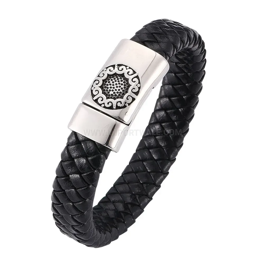 Vintage Black Leather Bracelet with Stainless Steel Magnetic Clasp