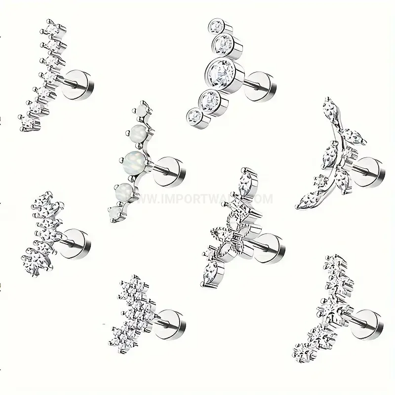 Chic Stainless Steel Leaf and Star Rhinestone Cartilage Stud Set
