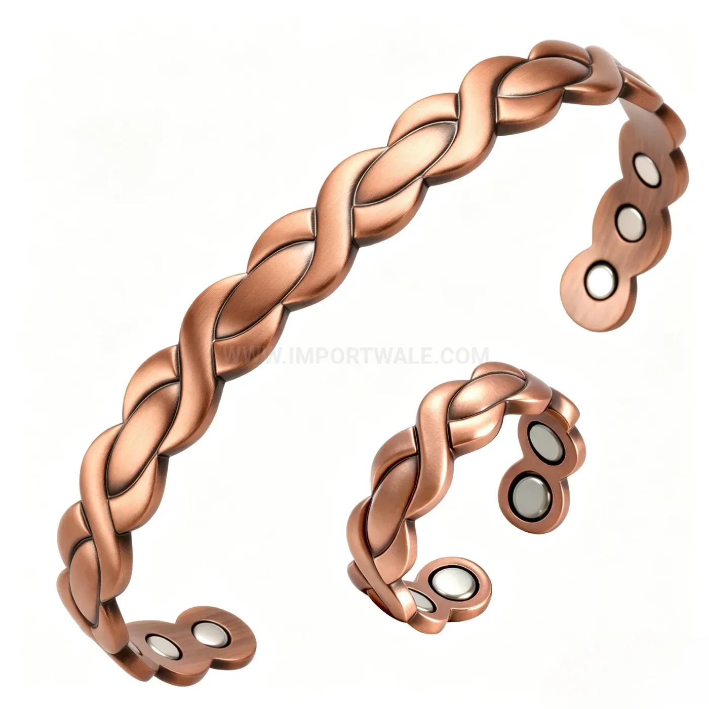 Braided Vintage Red Copper Fish Motif Open Magnetic Cuff Bracelet