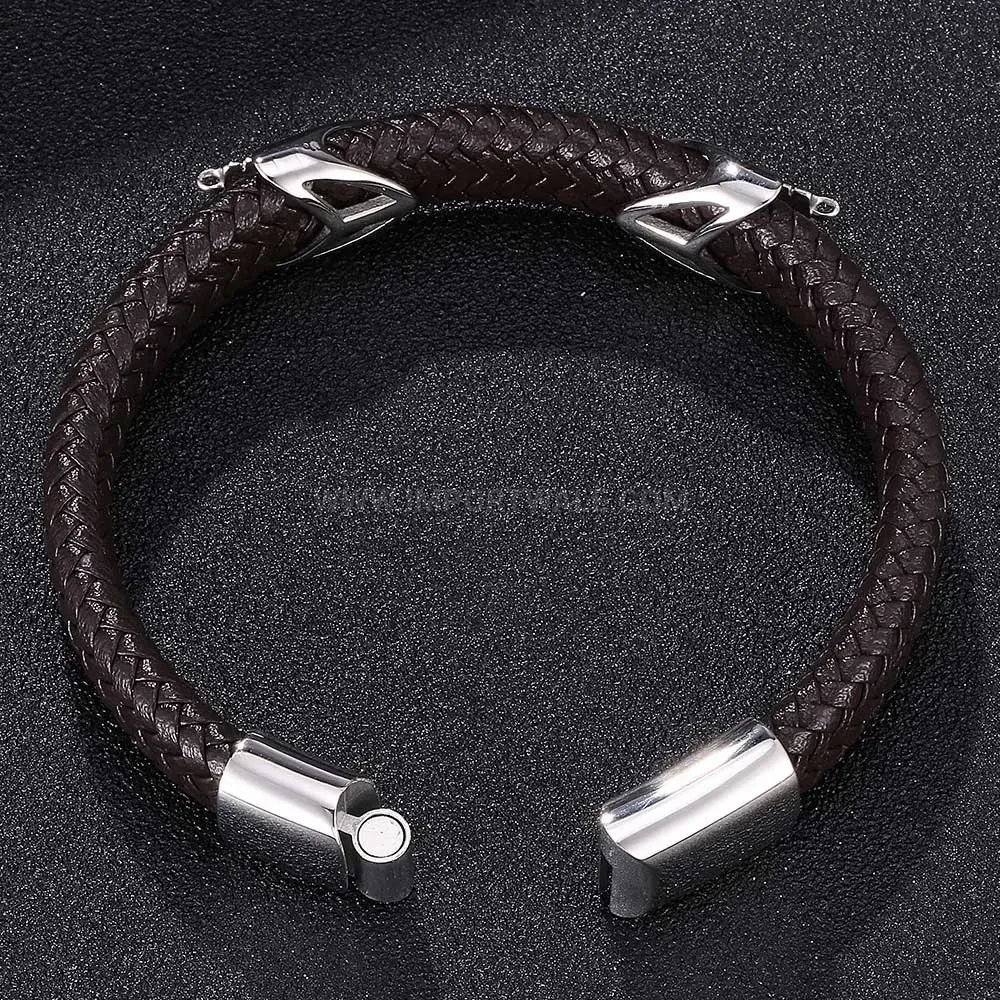 Braided Leather and Stainless Steel Geometric Charm Bracelet for Men