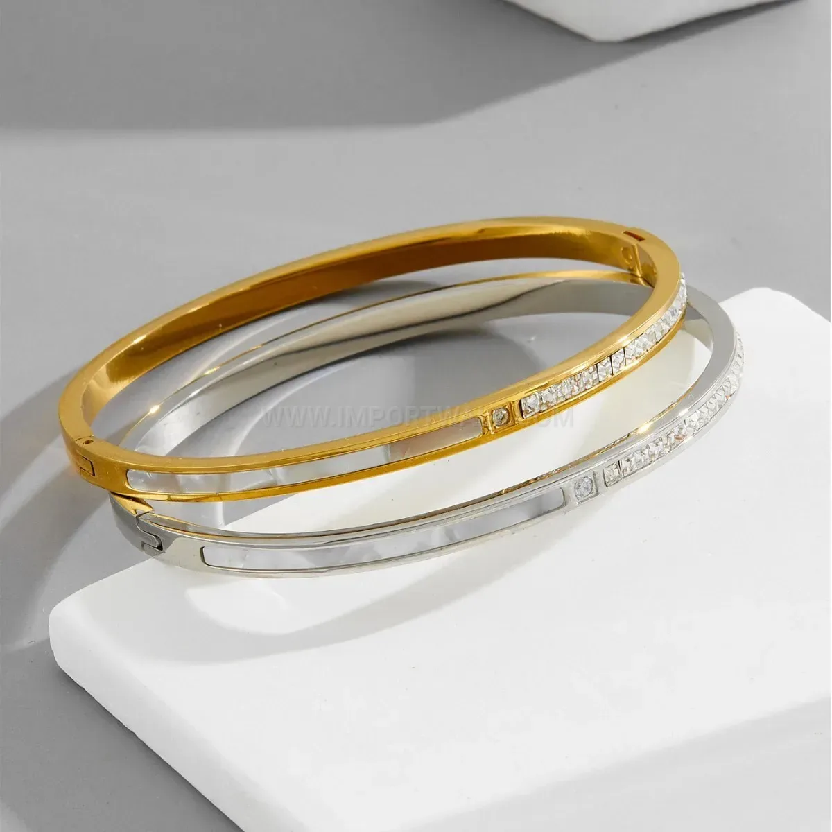 Mother of Pearl Rhinestone Titanium Steel Bangle