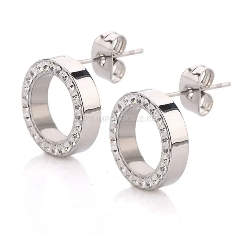 Hollow Round Stainless Steel Crystal Stud Earrings