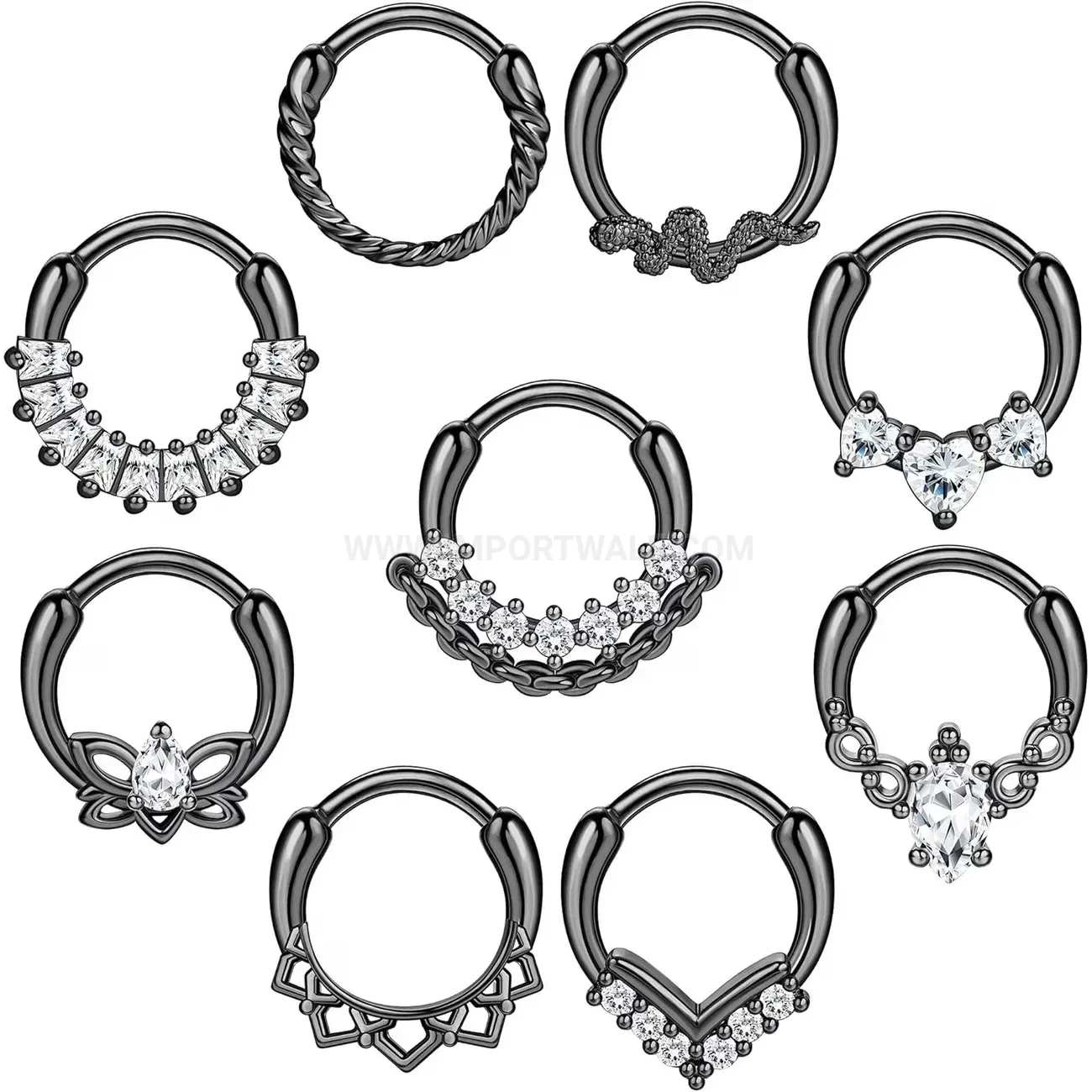 Chic Sparkling Rhinestone Stainless Steel Hinged Body Piercing Ring Set
