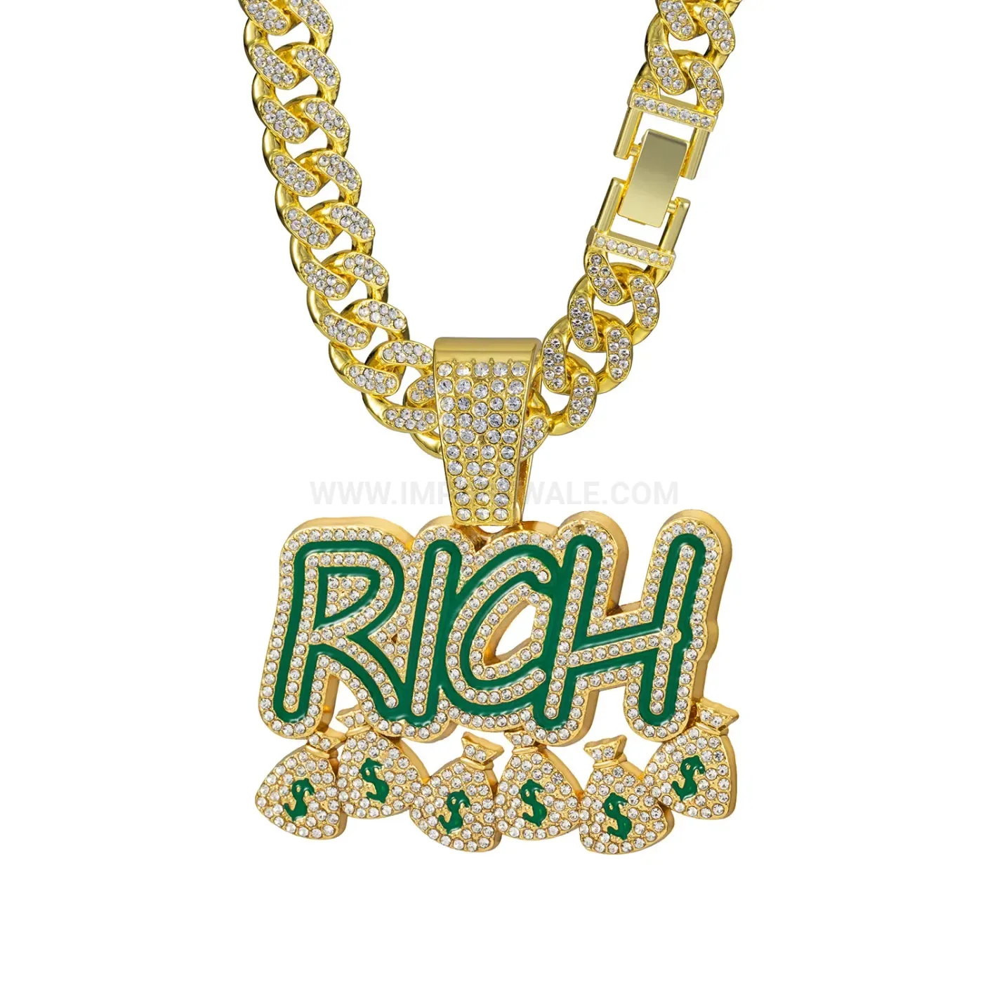 Iced Out RICH Letter Hip Hop Pendant Cuban Chain
