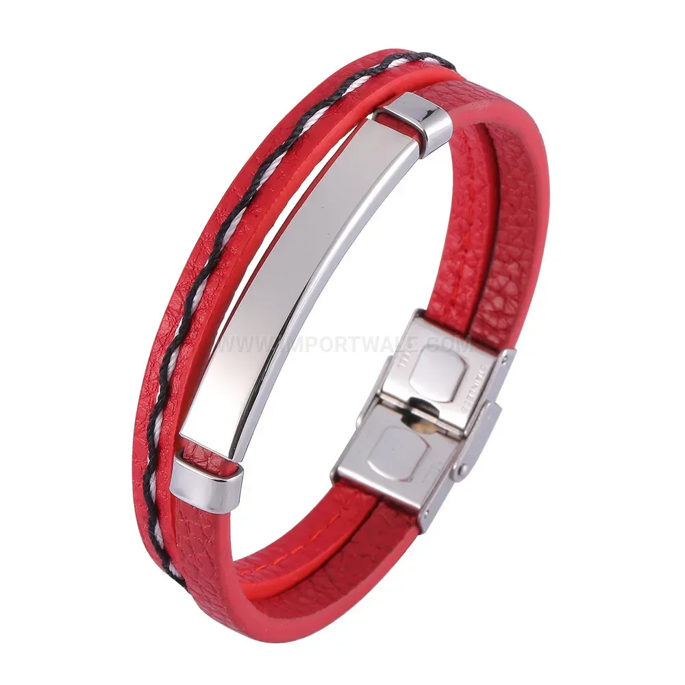 Braided Red Leather Bracelet with Curved Stainless Steel Bar