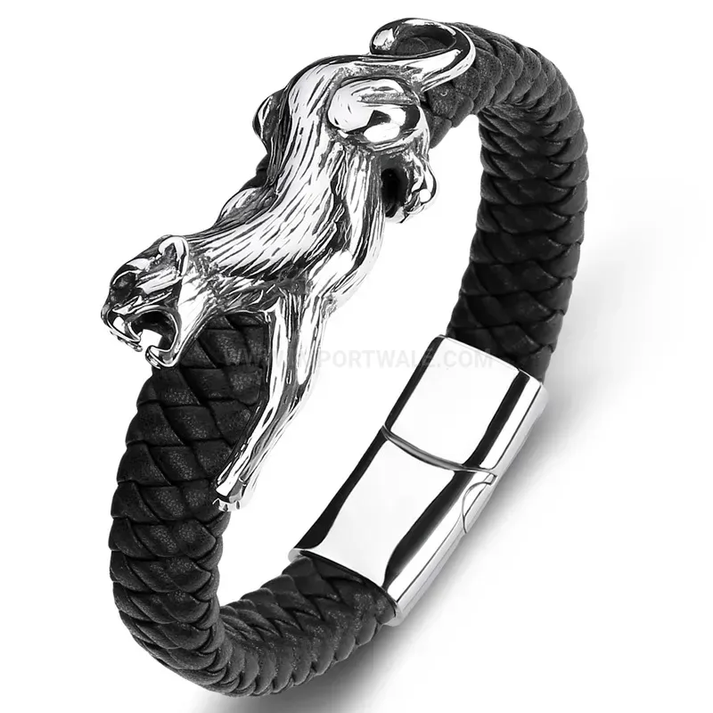 Premium Handcrafted Leopard Stainless Steel and Braided Leather Unisex Bracelet