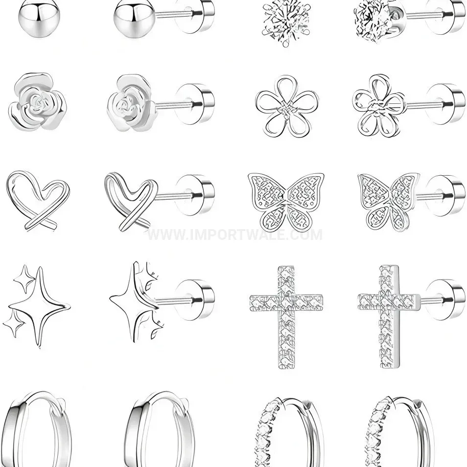 Elegant Stainless Steel Rose Flower Cross Cartilage Stud Piercing Set