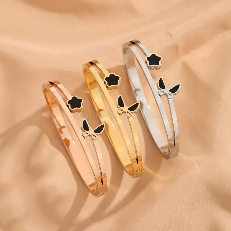 Floral Butterfly Motif Titanium Steel Bangle