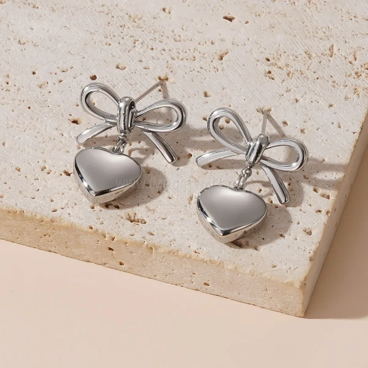 Bow and Heart Charm Titanium Steel Stud Earrings