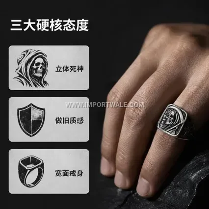 Men's Stainless Steel Grim Reaper Skull Signet Ring