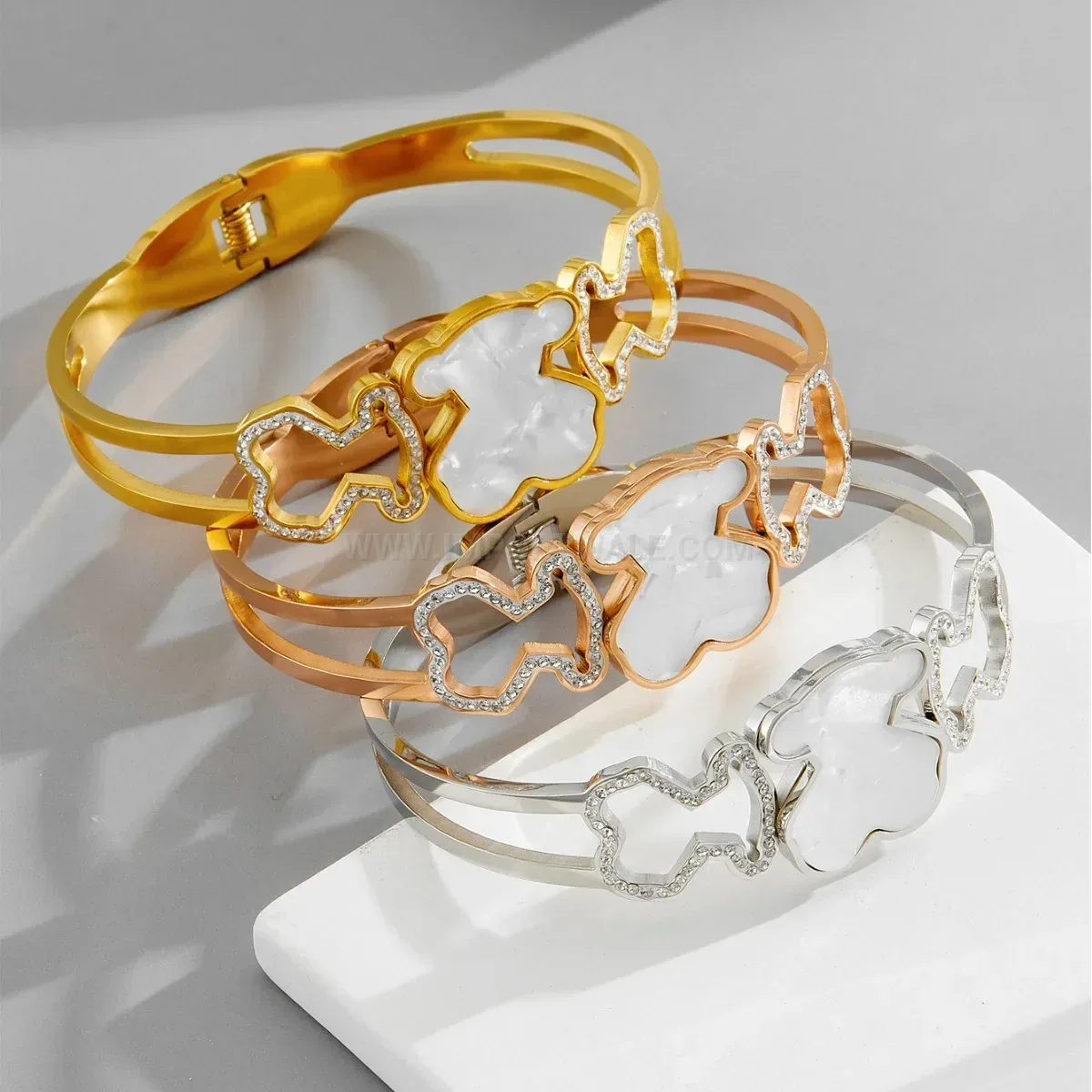 Stylish Crystal Bear Cutout Titanium Steel Bangle Bracelet
