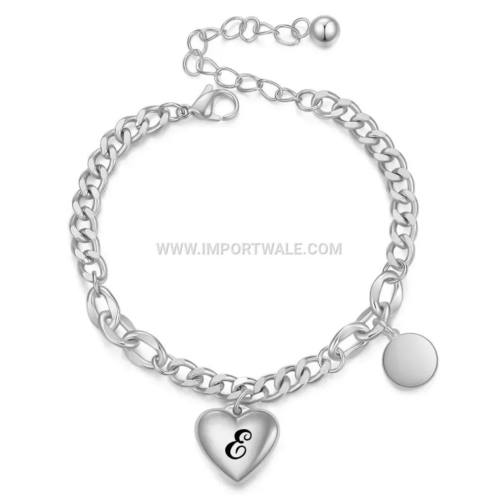 Stainless Steel Initial Letter Charm Bracelet with Heart Disc