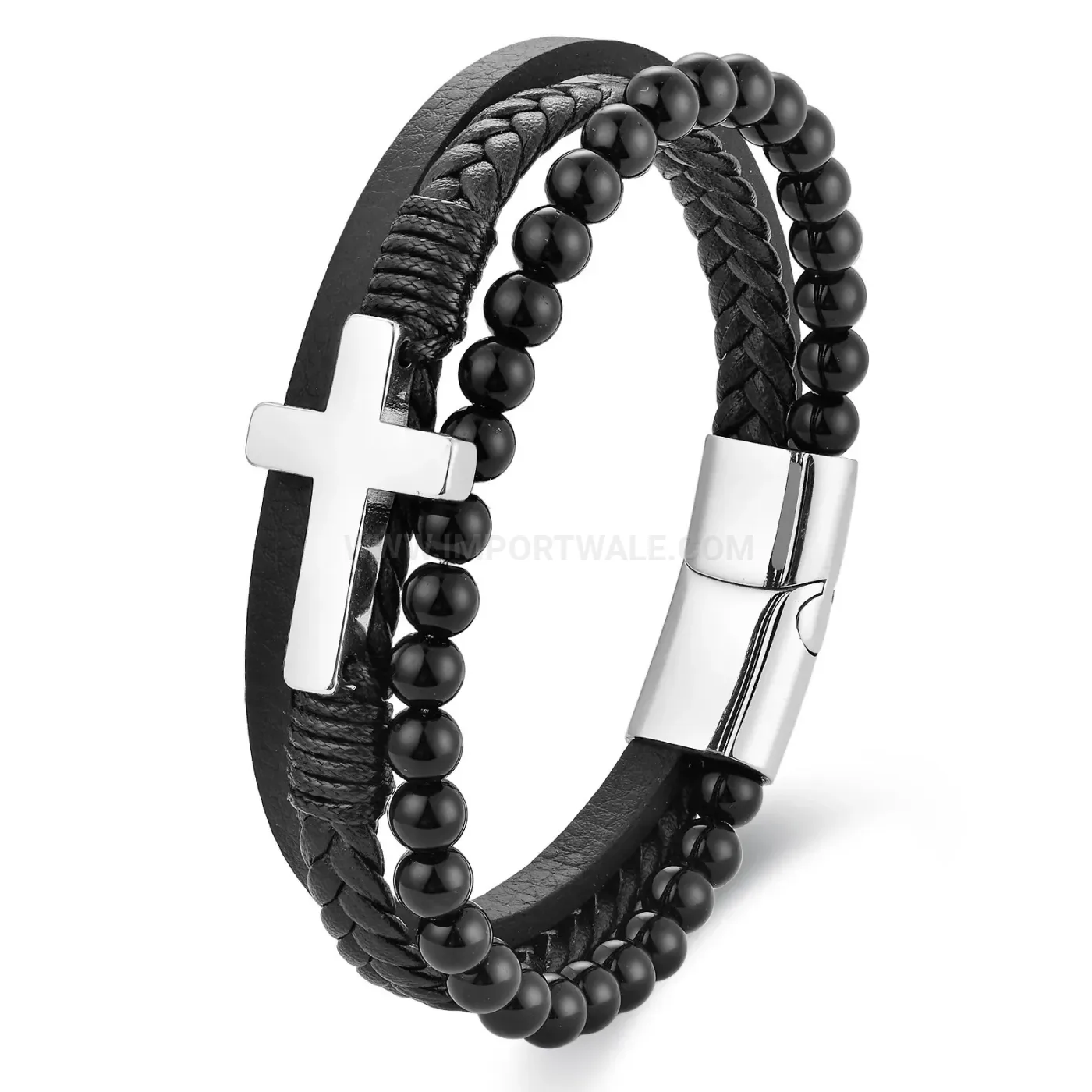Modern Multi Layer Braided Leather Cross Bracelet with Natural Stone Accent