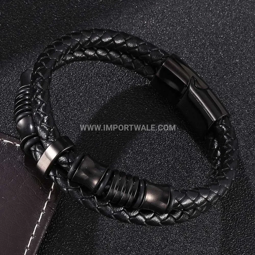 Dual-Layer Braided Leather Bracelet with Stainless Steel Elements