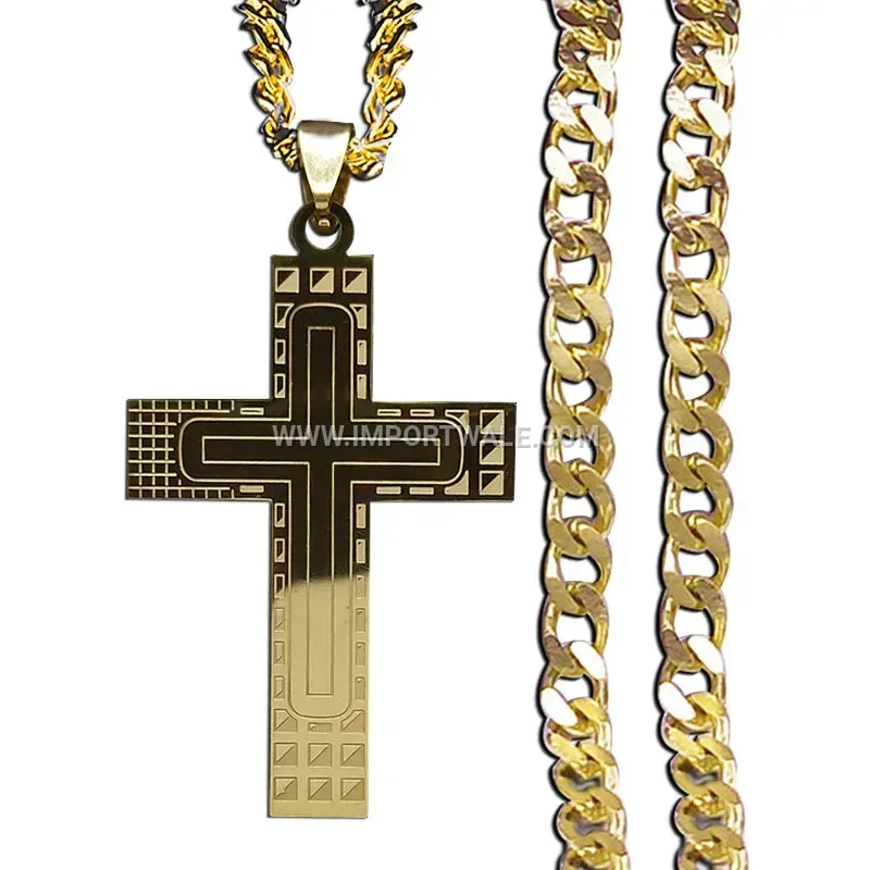 Gold Plated Stainless Steel Cross Pendant Necklace with Geometric Lines