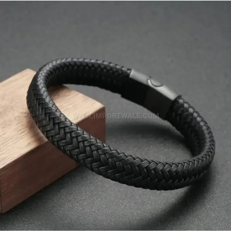 Bold Braided Leather Wristband with Matte Metal Magnetic Clasp