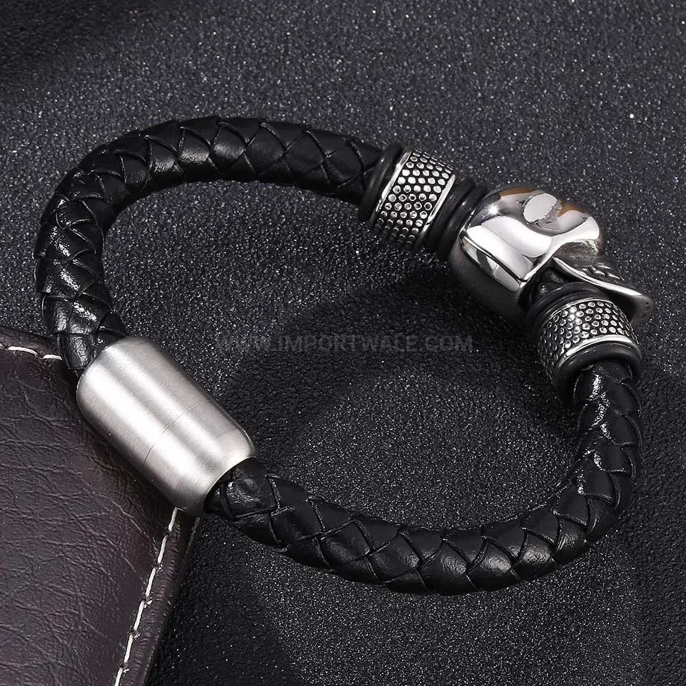 Stainless Steel Skull Leather Cord Charm Bracelet