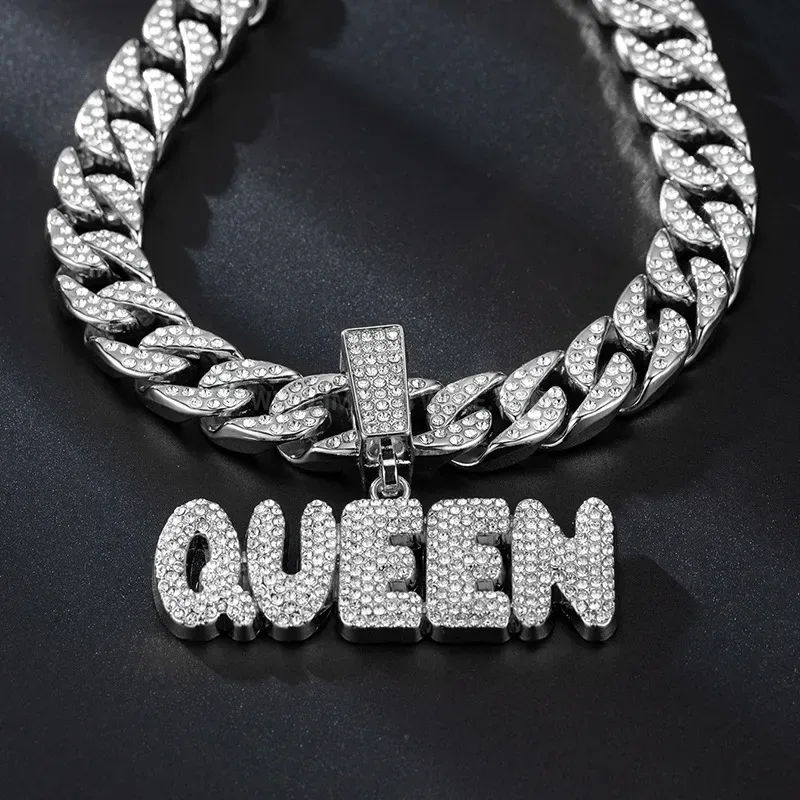Chic Iced Out Queen Letter Pendant Cuban Chain Necklace