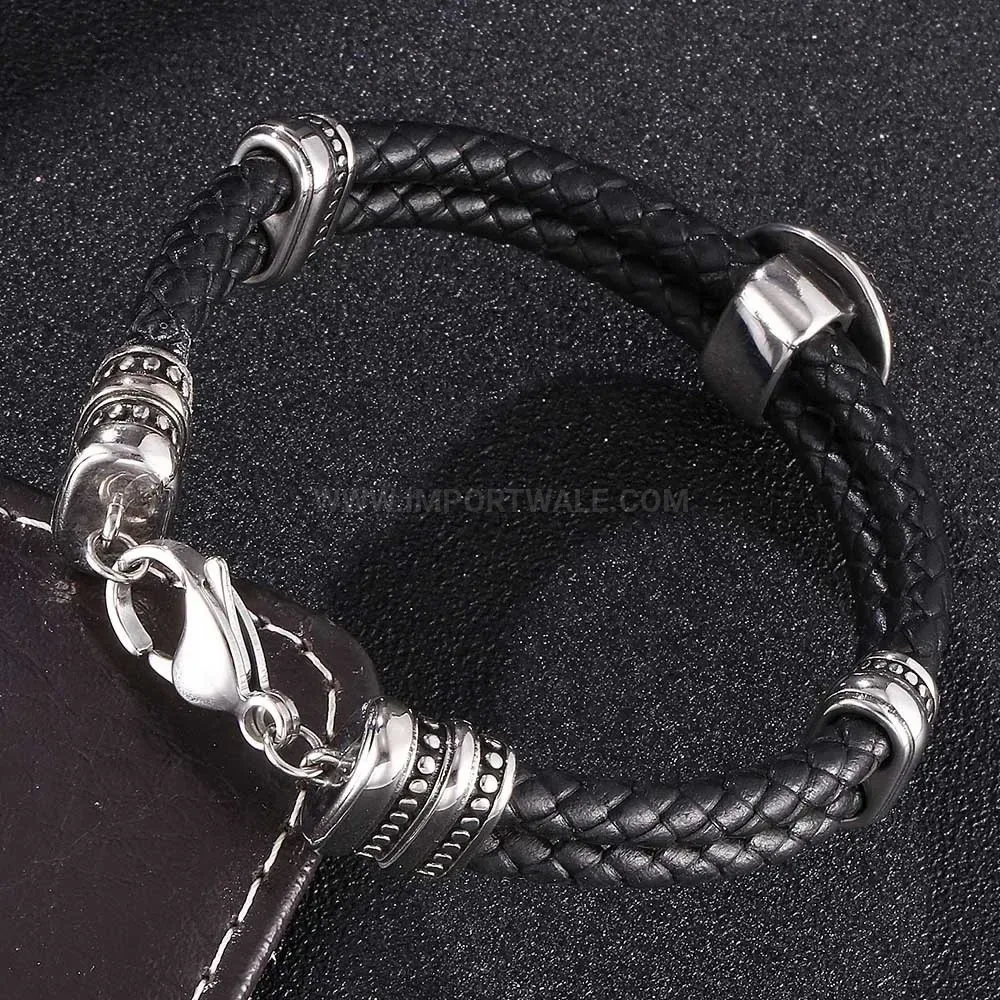 Braided Leather Wristband Bracelet featuring Stainless Steel Lobster Clasp