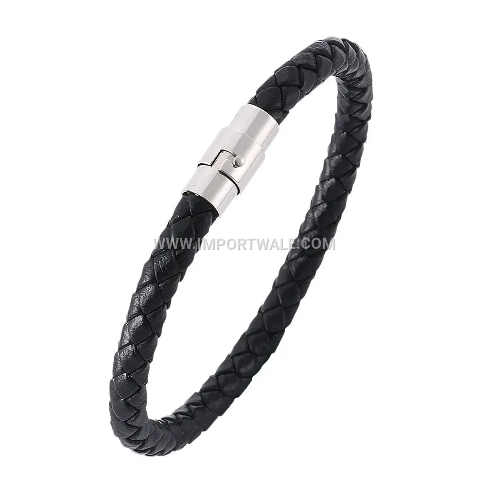 Braided Leather Cuff Bracelet with Metallic Magnetic Clasp