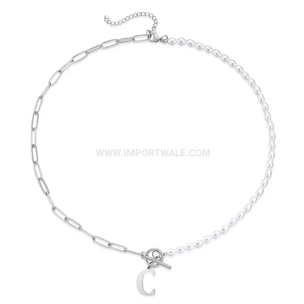 Stainless Steel Initial Letter Pearl Paperclip OT Toggle Clasp Necklace