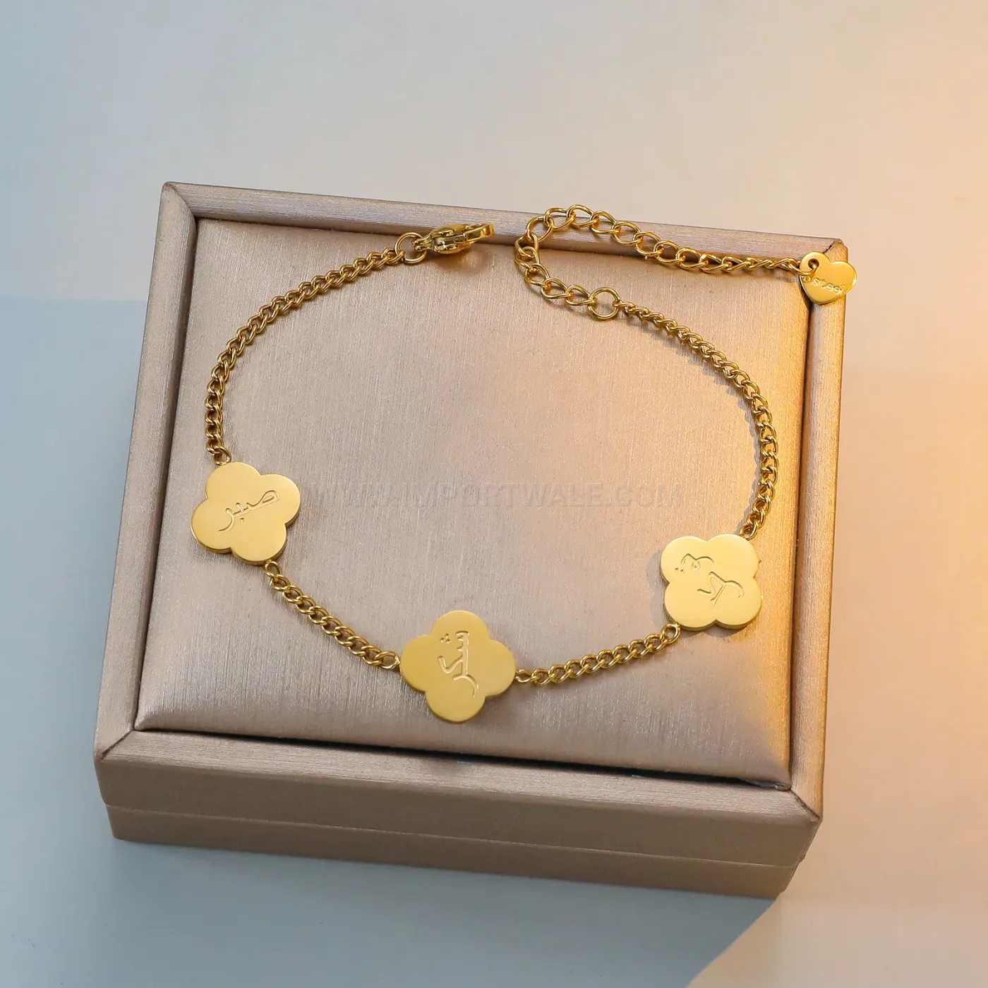 Stylish Gold Plated Stainless Steel Four Leaf Clover Charm Bangle Bracelet
