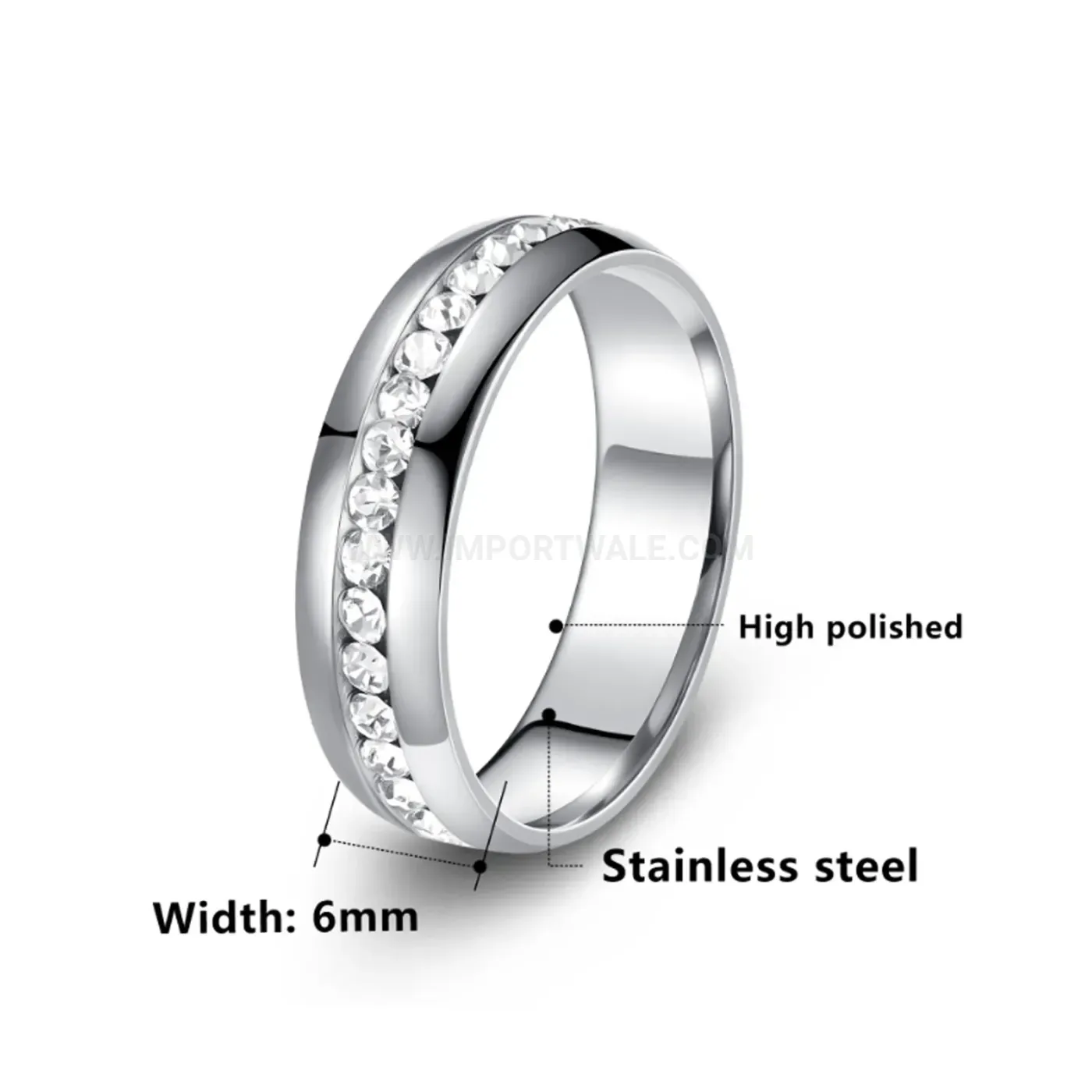 Stainless Steel Rhinestone Inlaid Single Row Band Ring