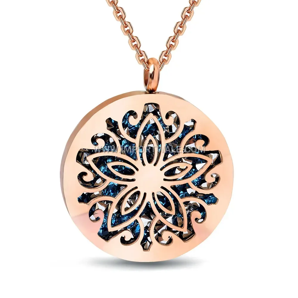 Rose Gold Stainless Steel Circular Crystal Star Pendant Necklace