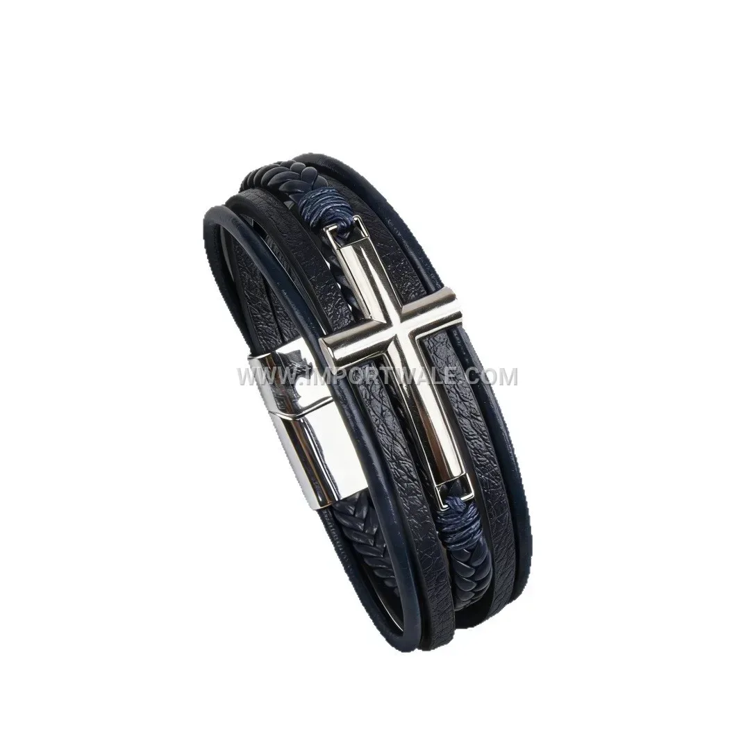 Men Multilayer Braided PU Leather Cross Bracelet Stainless Steel Magnetic Clasp