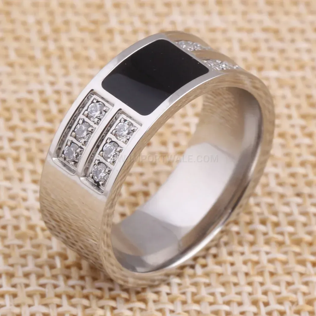 Black Enamel Stainless Steel Ring with Zircon Accent