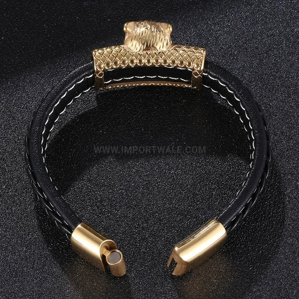 Gold-Tone Stainless Steel Magnetic Clasp Microfiber Leather Wristband