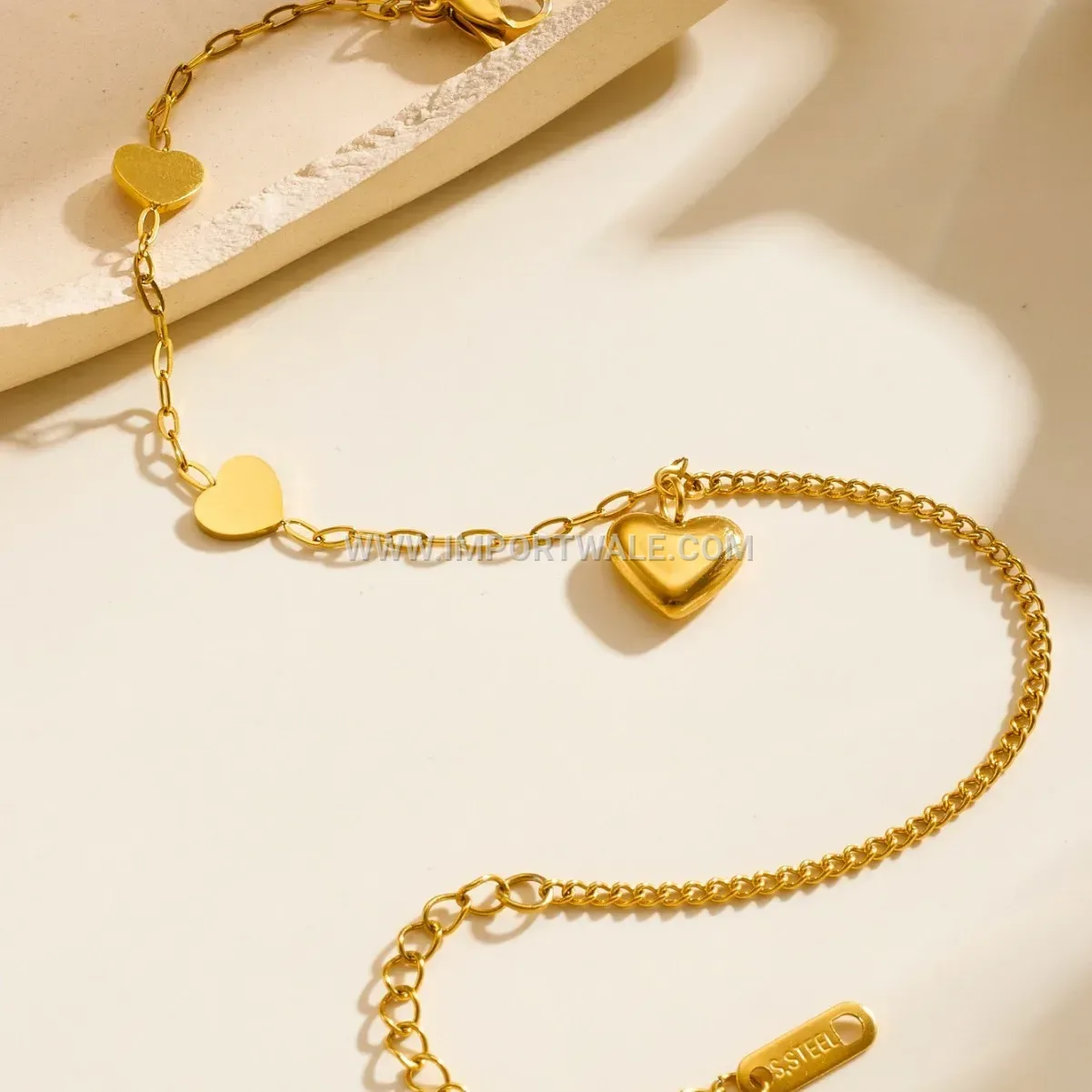 Gold Stainless Steel Heart Pendant Chain Anklet