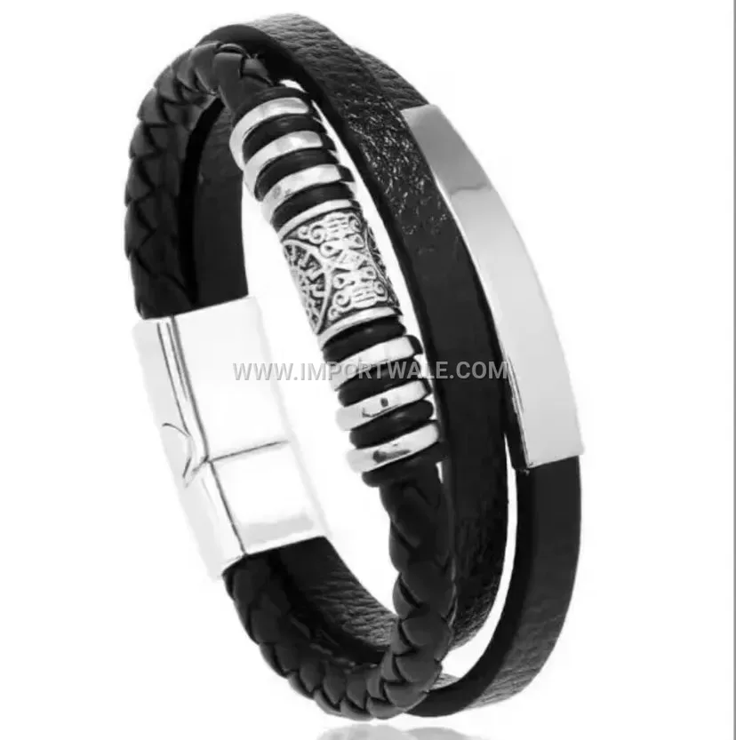 Woven Leather Cord Bracelet Metallic Accent Wristband