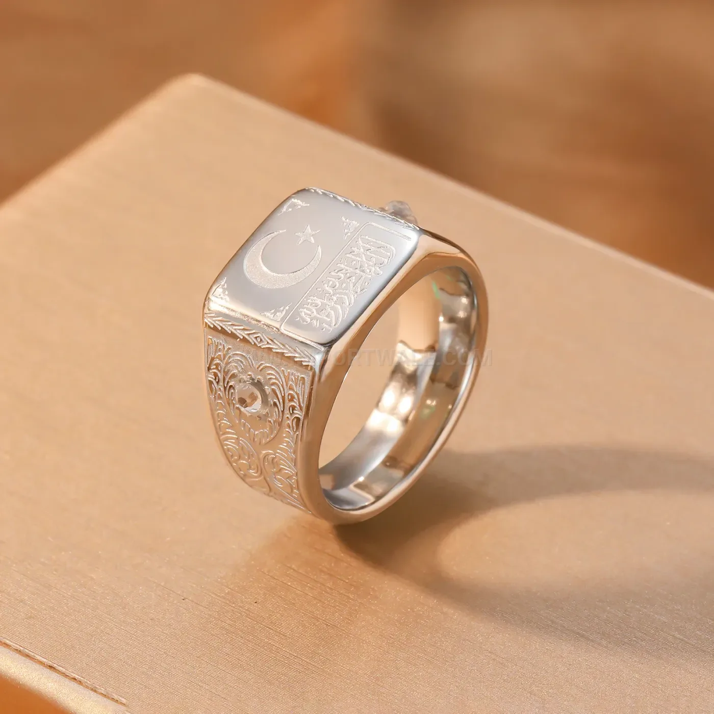 Modern Engraved Arabic Calligraphy Stainless Steel Islamic Crescent Men's Ring