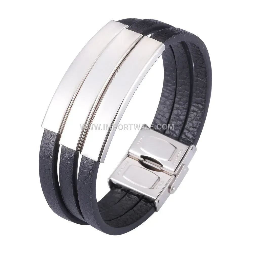 Sleek Stainless Steel Black Leather Cord Wristband