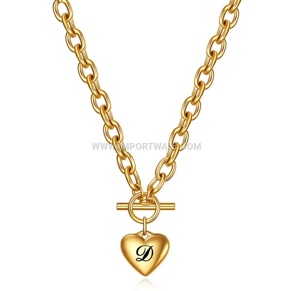 Gold Tone Stainless Steel Heart Initial Pendant OT Necklace