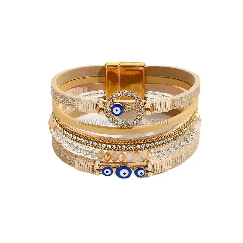 Handwoven Vintage Leather Cuff Bracelet With Alloy Magnetic Clasp