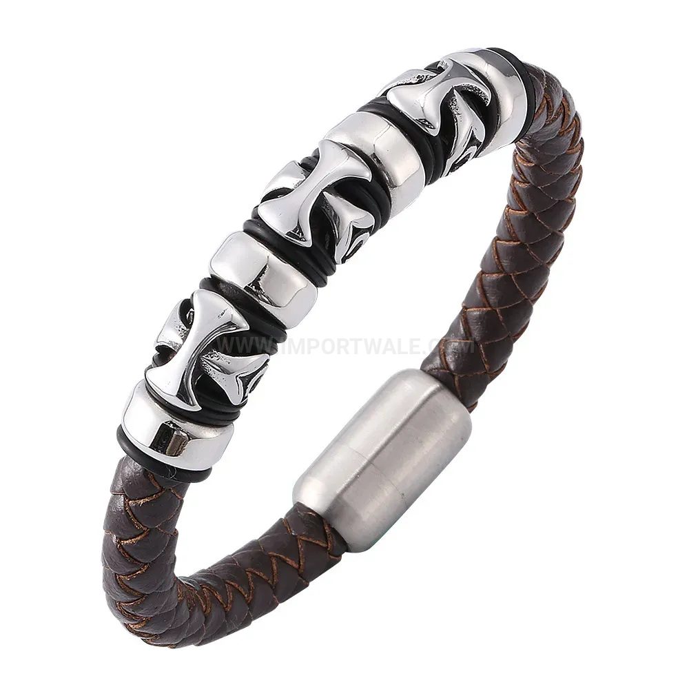 Modern Vintage Brown Leather Bracelet with Stainless Steel Cross Magnetic Clasp