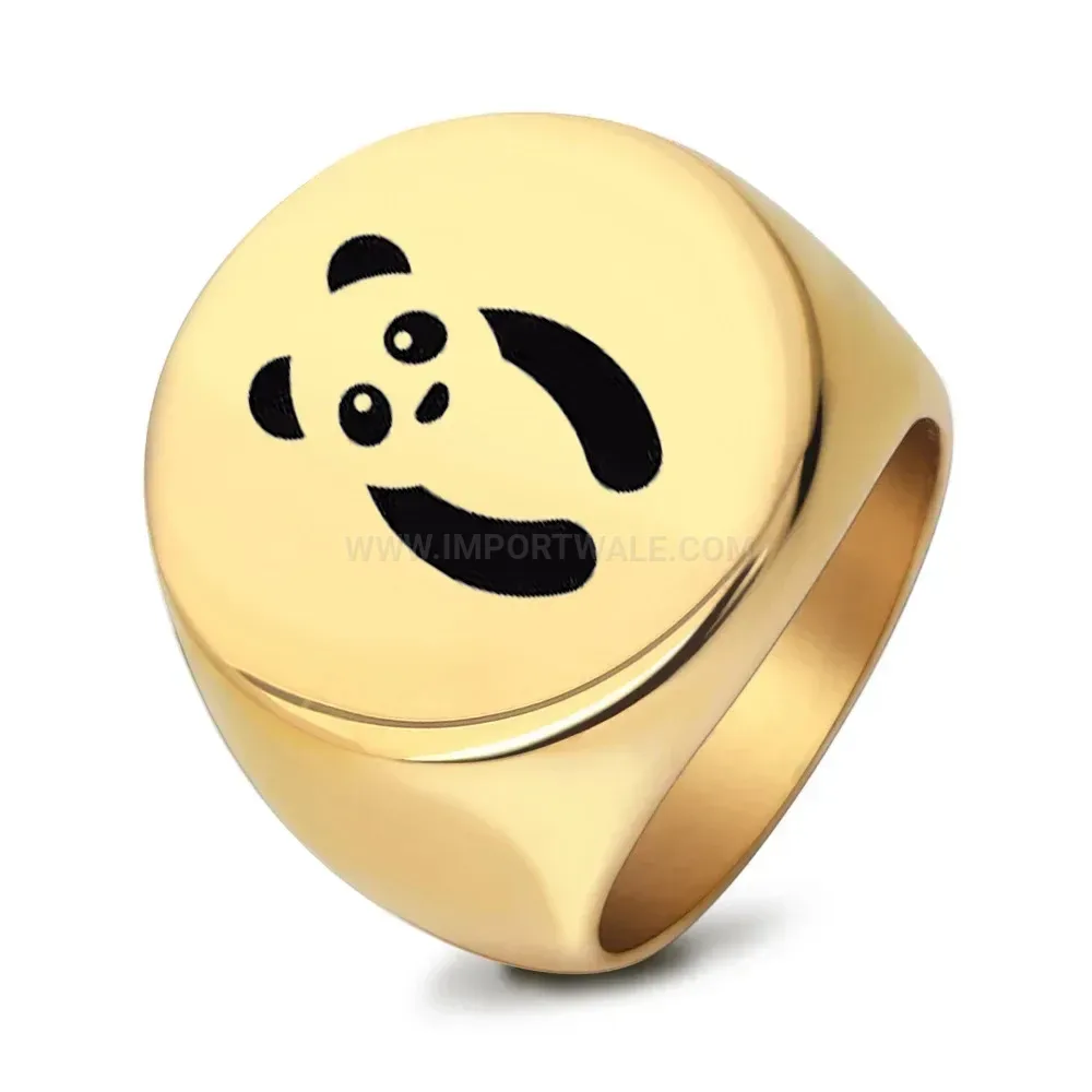 Elegant Engraved Panda Motif Stainless Steel Round Signet Ring