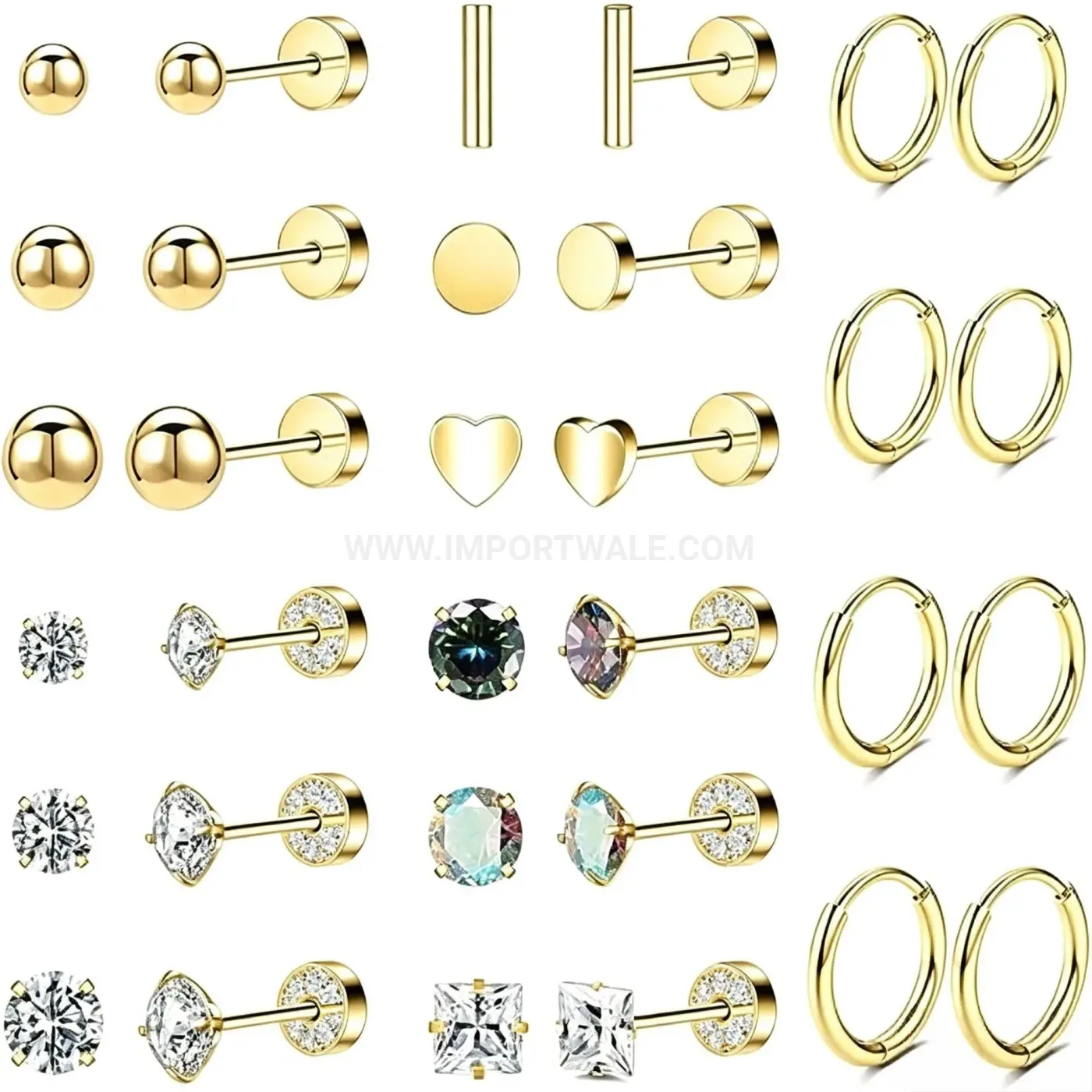 Designer Stainless Steel Cubic Zirconia Hoop and Stud Piercing Earring Set