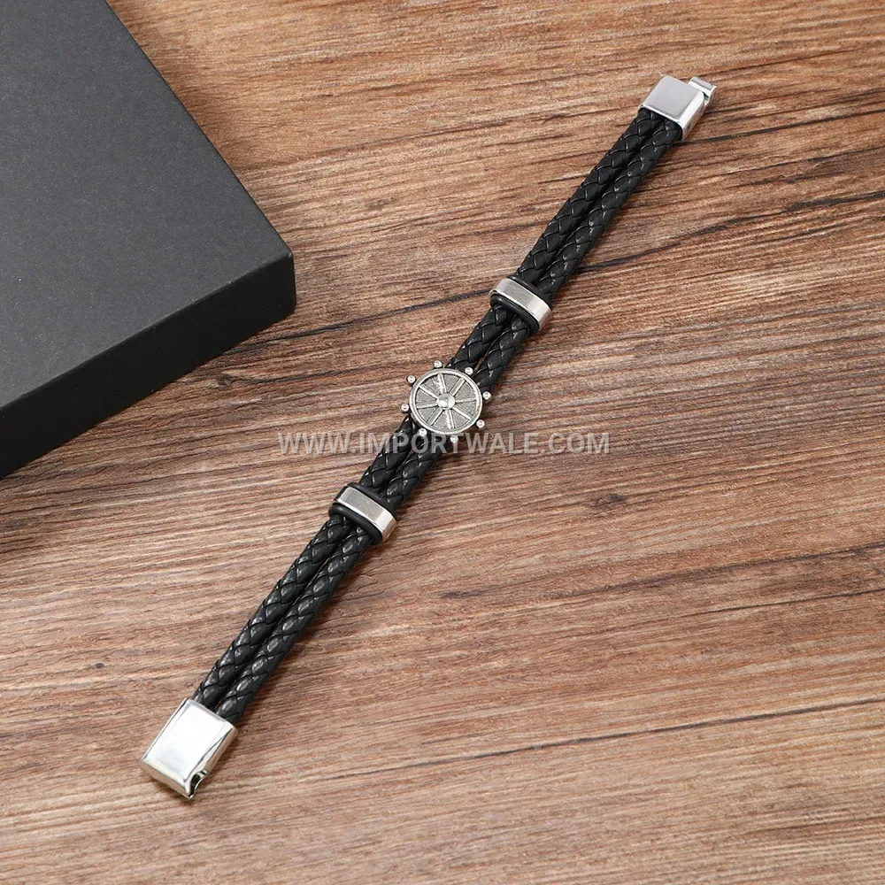 Ship Helm Braided Leather Punk Wristband