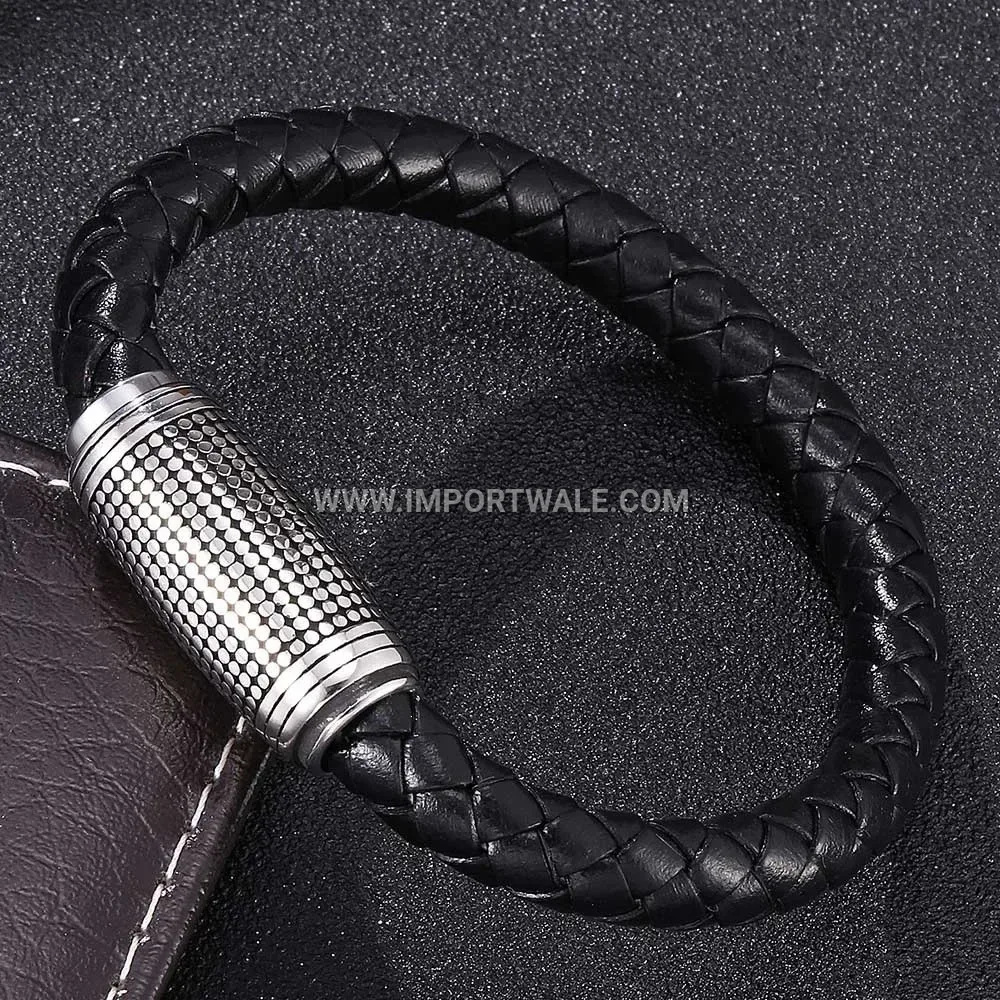 Classic Smooth Leather Wristband with Electroplated Steel Magnetic Closure