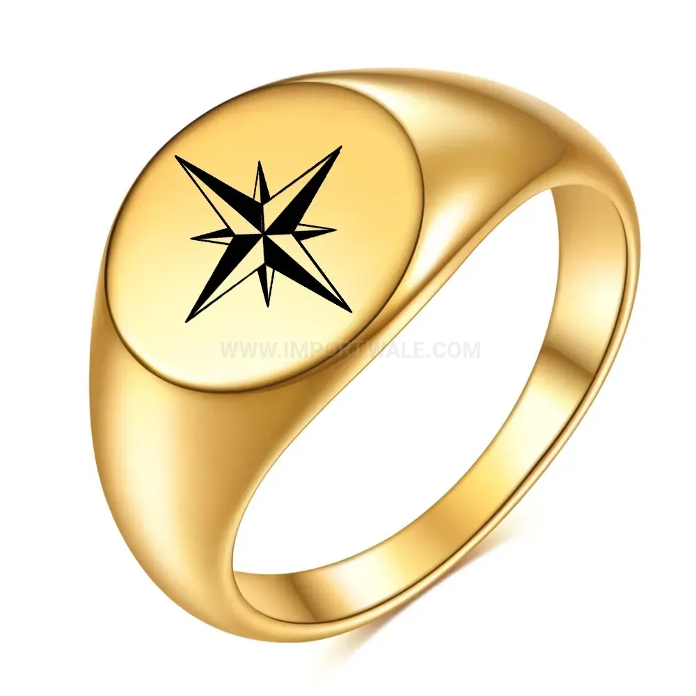 Premium Minimalist Eight Point Star Engraved Stainless Steel Round Ring