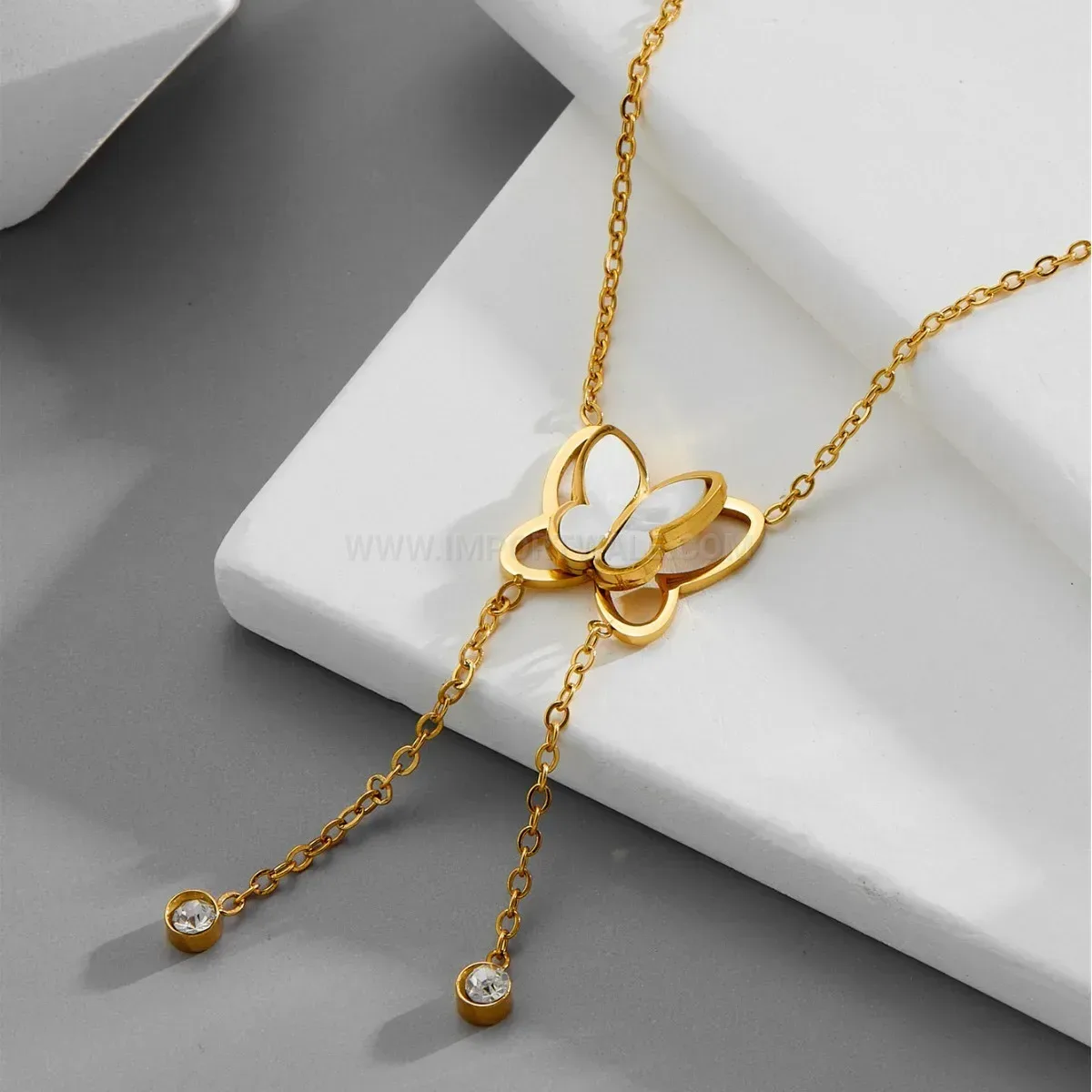 Gold Titanium Steel Hollow Butterfly Tassel Mother of Pearl Pendant Necklace