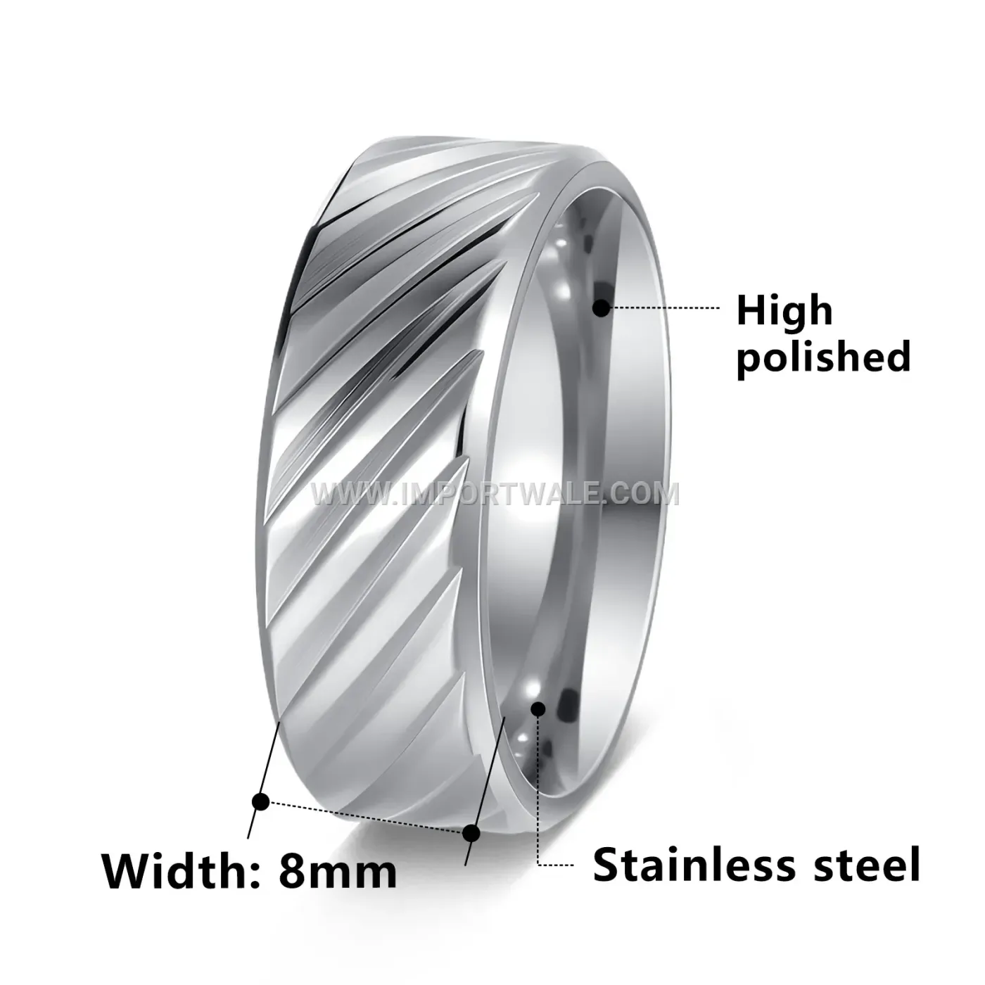 Textured Stainless Steel Diagonal Pattern Band Ring