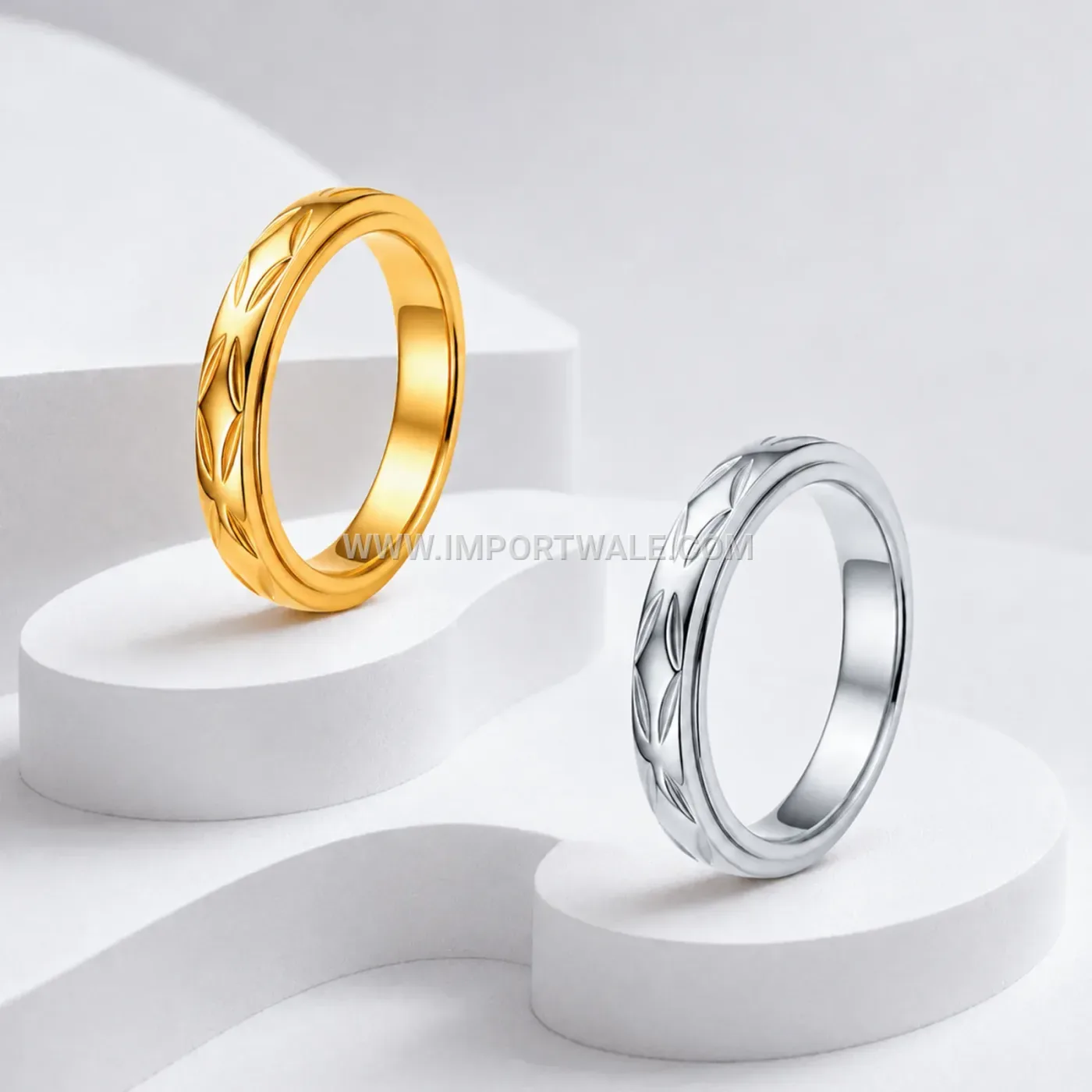 Carved Leaf Motif Stainless Steel Spinner Band Ring